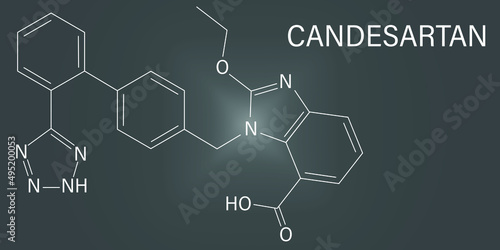 Candesartan hypertension drug molecule. Skeletal formula.