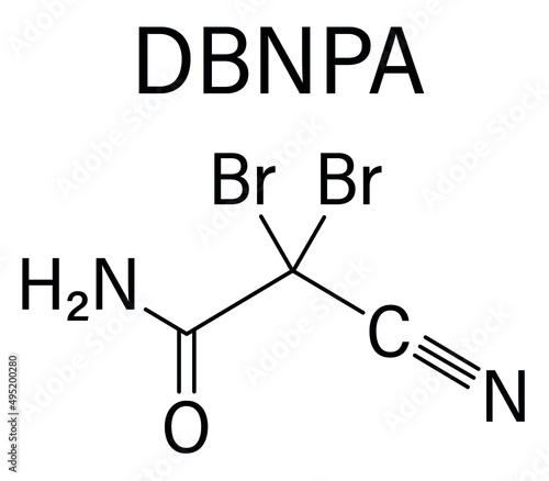 2,2-dibromo-3-nitrilopropionamide (DBNPA) biocide molecule. Skeletal formula.	 photo