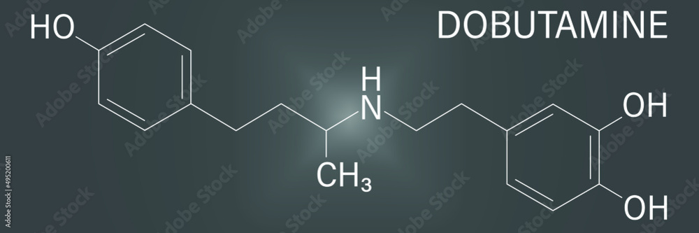 Dobutamine sympathomimetic drug molecule. Skeletal formula.
Dobutamine sympathomimetic drug molecule. Skeletal formula.