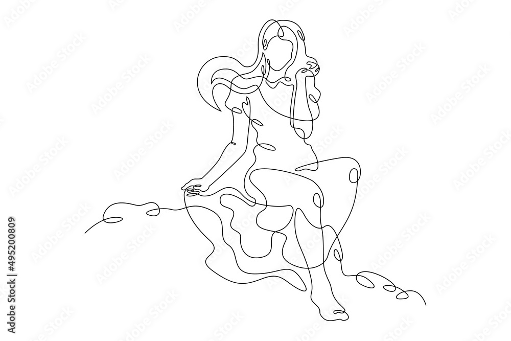 Fototapeta premium Woman sits on the edge of a cliff.Young woman sits alone on a rock. Romantic anticipation.Teenager is sad in loneliness.One continuous line drawing.Girl with luxurious hair in a dress.Line Art