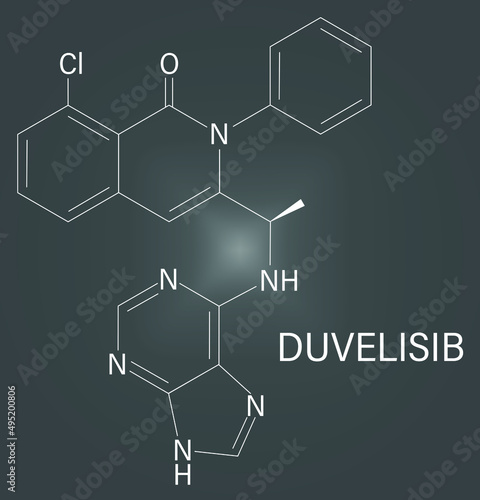 Duvelisib cancer drug molecule (phosphoinositide 3-kinase inhibitor). Skeletal formula.	 photo