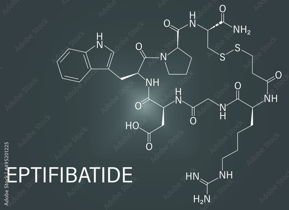 Eptifibatide anticoagulant drug molecule. Skeletal formula. Eptifibatide anticoagulant drug molecule. Skeletal formula.