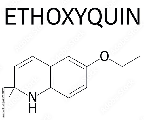 Ethoxyquin antioxidant food preservative molecule. Also used to control scald on pears. Skeletal formula.