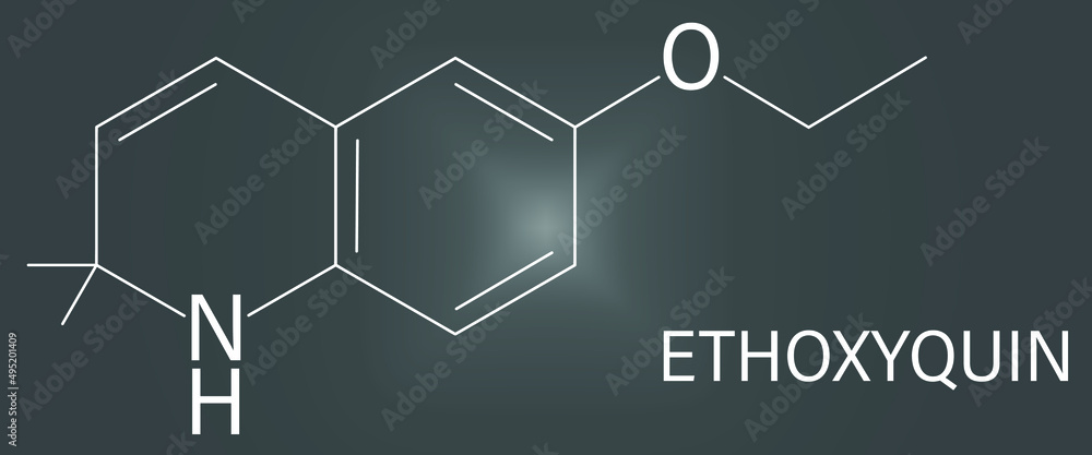 Ethoxyquin antioxidant food preservative molecule. Also used to control scald on pears. Skeletal formula. Ethoxyquin antioxidant food preservative molecule. Also used to control scald on pears. Skeletal formula.