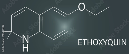 Ethoxyquin antioxidant food preservative molecule. Also used to control scald on pears. Skeletal formula.