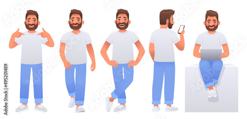 Happy man character set. Guy dressed in a white T shirt and jeans poses, points to himself, walks, holds a phone