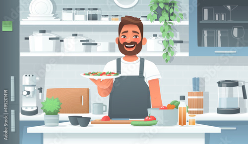 Happy man cooked salad in the kitchen. Cooking different dishes as a hobby or routine. Vector illustration