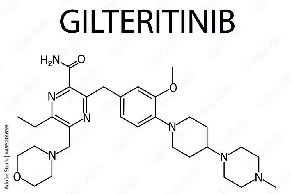 Gilteritinib cancer drug molecule (kinase inhibitor). Skeletal formula.	