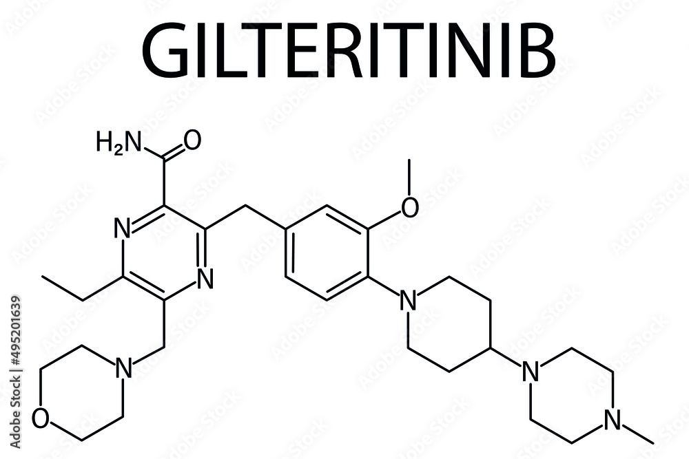 Gilteritinib cancer drug molecule (kinase inhibitor). Skeletal formula. Gilteritinib cancer drug molecule (kinase inhibitor). Skeletal formula.