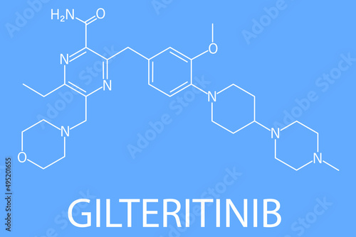 Gilteritinib cancer drug molecule (kinase inhibitor). Skeletal formula.	