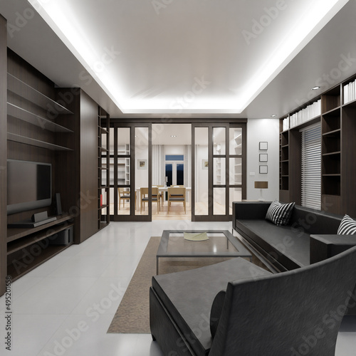 Home decor. Living room. Stylish interior 3D render. Modern apartment 3D illustration.