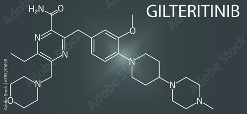 Gilteritinib cancer drug molecule (kinase inhibitor). Skeletal formula.	