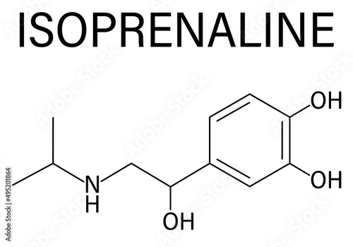 Isoprenaline (isoproterenol) drug molecule. Used in treatment of bradycardia, heart block and asthma. Skeletal formula. photo