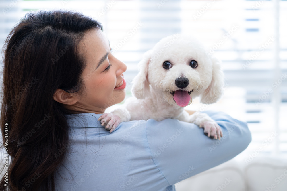 Young Asian woman playing with dog at home Young Asian woman playing with dog at home