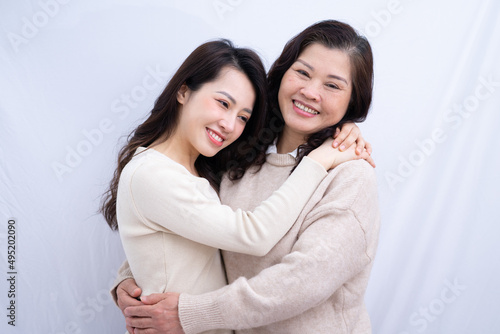 Portrait of Asian mother and daughter on white background
