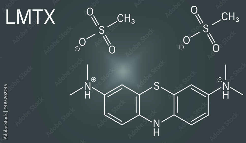 Leuco-methylthioninium (LMTX) Alzheimer's disease molecule (tau aggregation inhibitor). Skeletal formula. Leuco-methylthioninium (LMTX) Alzheimer's disease molecule (tau aggregation inhibitor). Skeletal formula.
