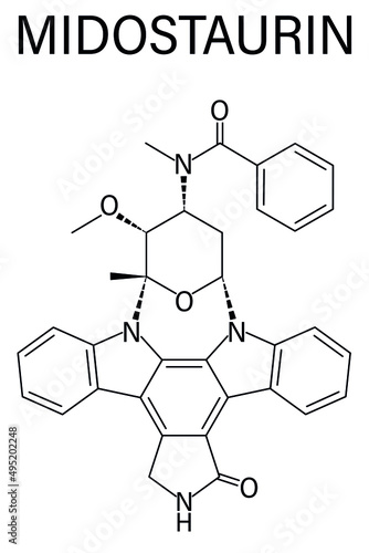 Midostaurin cancer drug molecule (protein kinase inhibitor). Skeletal formula.