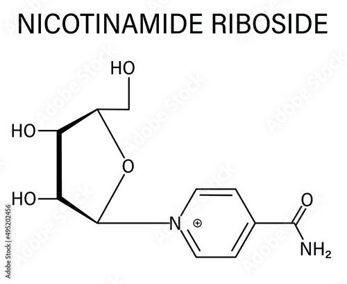 Nicotinamide riboside (NR) molecule. Precursor of nicotinamide adenine dinucleotide (NAD). Skeletal formula.