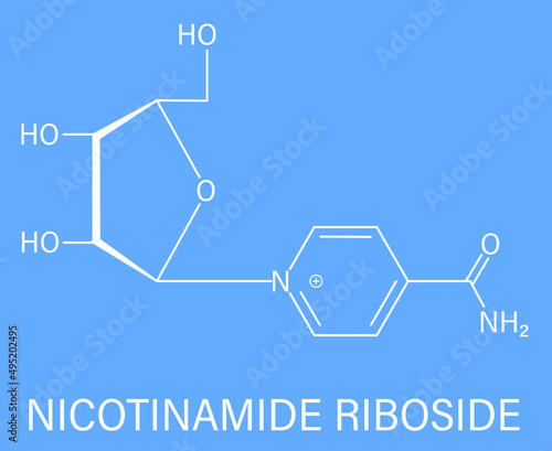 Nicotinamide riboside (NR) molecule. Precursor of nicotinamide adenine dinucleotide (NAD). Skeletal formula.