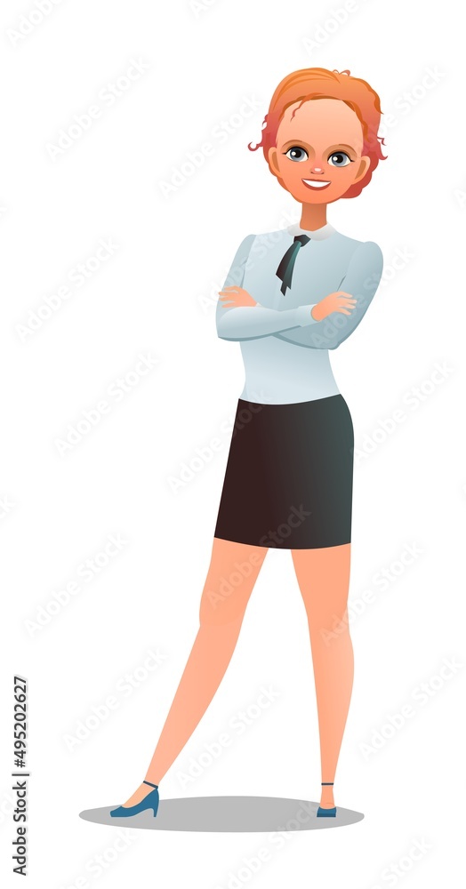 Successful schoolgirl. Cheerful teenagers in standing pose. Girl in white shirt. Cartoon flat design in comic style. Separate character. Illustration isolated on white background. Vector Successful schoolgirl. Cheerful teenagers in standing pose. Girl in white shirt. Cartoon flat design in comic style. Separate character. Illustration isolated on white background. Vector