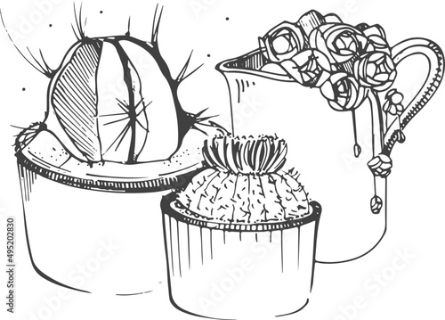 Succulents and Cacti Composition Line Art Monochrome Illustration