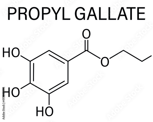 Propyl gallate or propyl 3,4,5-trihydroxybenzoate antioxidant food additive molecule. Skeletal formula.