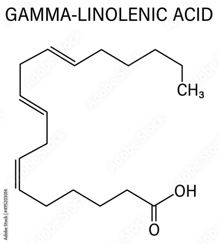 Gamma-linolenic acid (γ-linolenic acid, GLA, gamolenic acid) molecule. Omega-6 fatty acid present in many vegetable oils, including evening primrose, chia, hemp and borage seed oils. Skeletal formula.