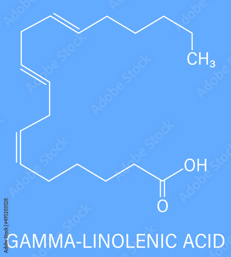 Gamma-linolenic acid (γ-linolenic acid, GLA, gamolenic acid) molecule. Omega-6 fatty acid present in many vegetable oils, including evening primrose, chia, hemp and borage seed oils. Skeletal formula.