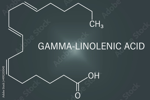 Gamma-linolenic acid (γ-linolenic acid, GLA, gamolenic acid) molecule. Omega-6 fatty acid present in many vegetable oils, including evening primrose, chia, hemp and borage seed oils. Skeletal formula.