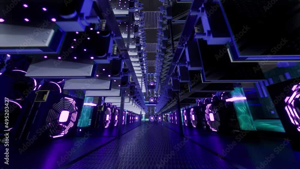 3D animation of mining equipment on stand racks mine cryptocurrency in steel container. Blockchain technology application specific integrated circuit datacenter. Server room lights.
