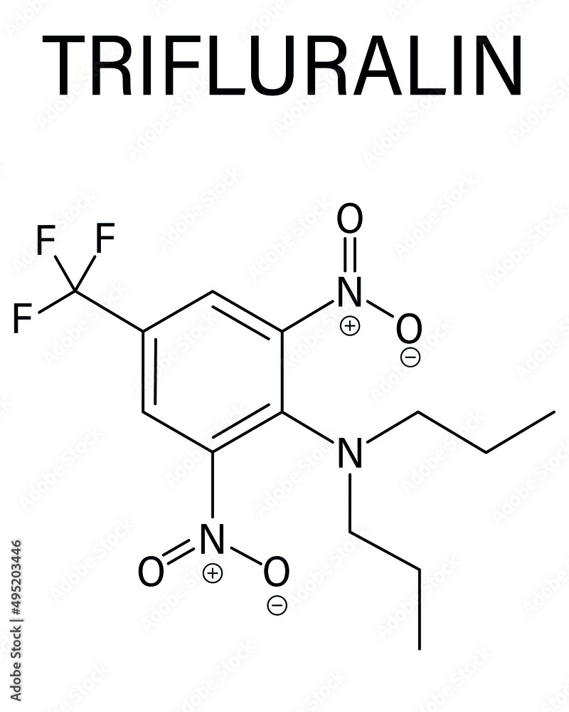 Trifluralin herbicide molecule. Skeletal formula. Trifluralin herbicide molecule. Skeletal formula.