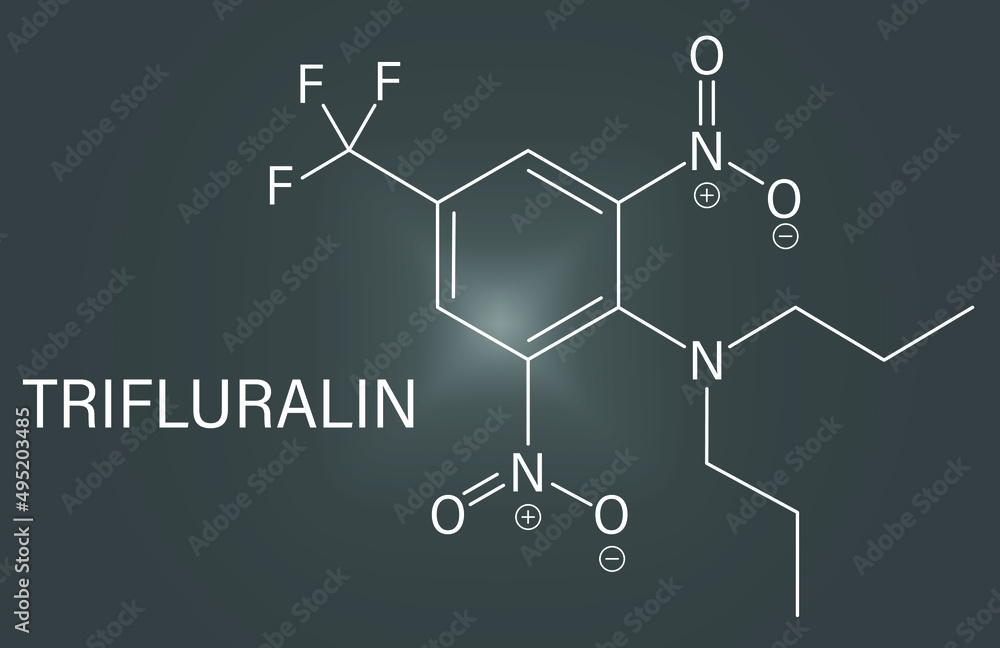 Fototapeta premium Trifluralin herbicide molecule. Skeletal formula. 