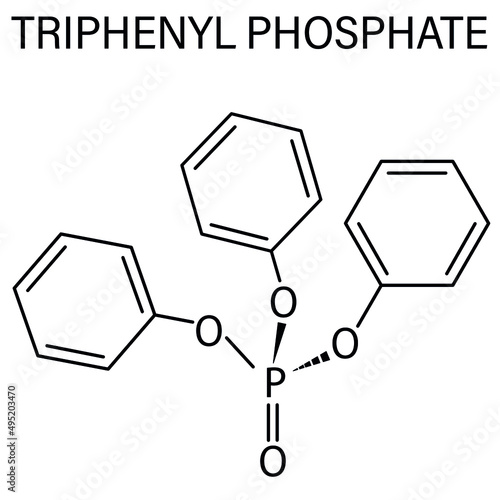 Triphenyl phosphate molecule. Used as flame retardant and plasticizer. Skeletal formula.	