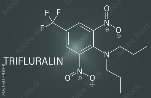 Trifluralin herbicide molecule. Skeletal formula.	