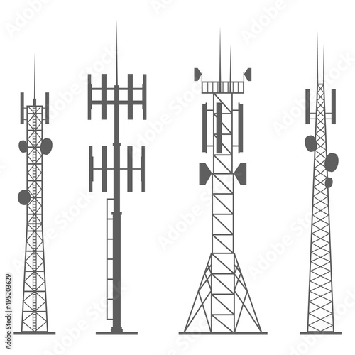 Transmission cellular towers silhouette. Mobile and radio communications towers with antennas for wireless connections. Outline vector illustrations set