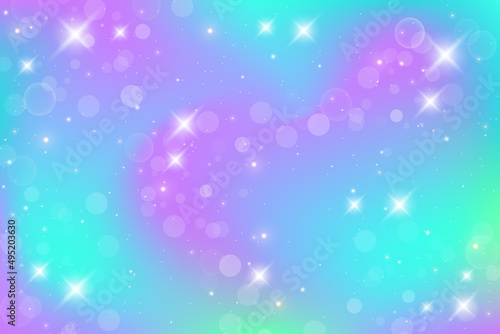 Rainbow fantasy background. Holographic unicorn illustration. Multicolored sky with stars and bokeh. Vector