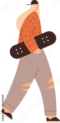 Young Woman Walking with Skateboard Cartoon Illustration