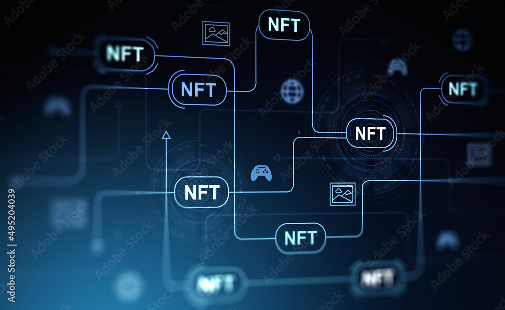 NFT icons and chain, cryptocurrency and digital hologram and coding NFT icons and chain, cryptocurrency and digital hologram and coding