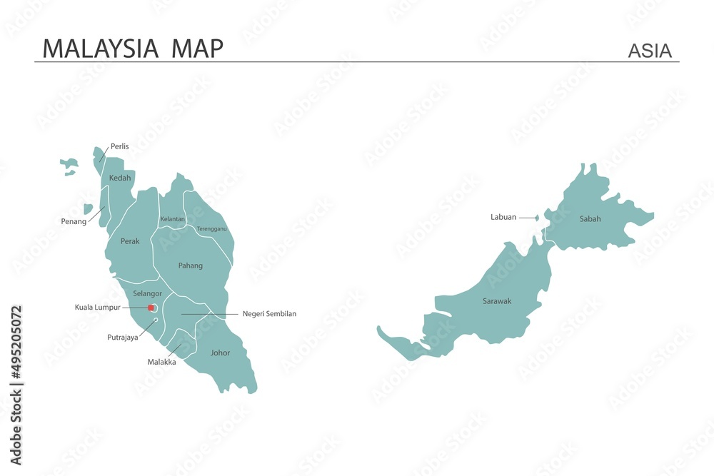 Malaysia map vector illustration on white background. Map have all province and mark the capital city of Malaysia. 