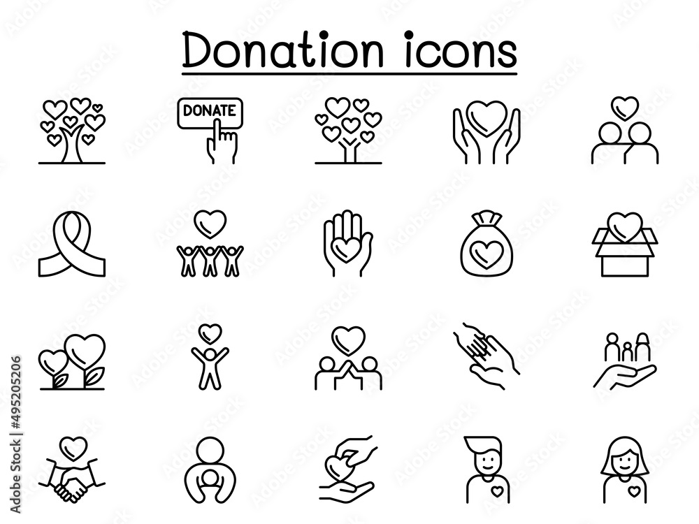 Charity & Donation icons set in thin line style