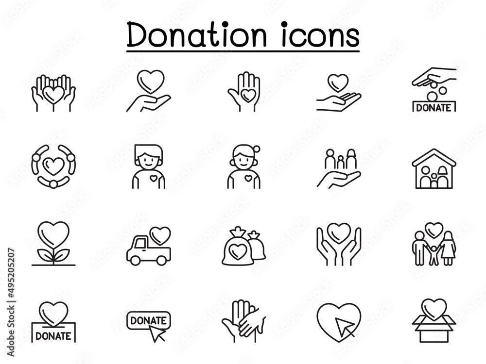 Obraz premium Charity & Donation icons set in thin line style
