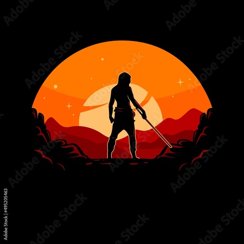 Vector silhouette of a swordsman with a sunset view in the mountains