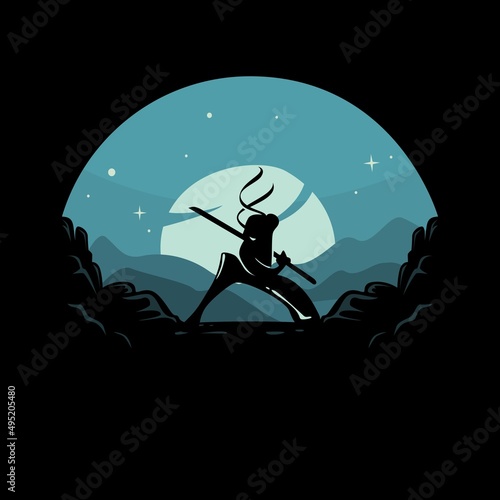 Fototapeta Ninja silhouette with mountain and sunset background