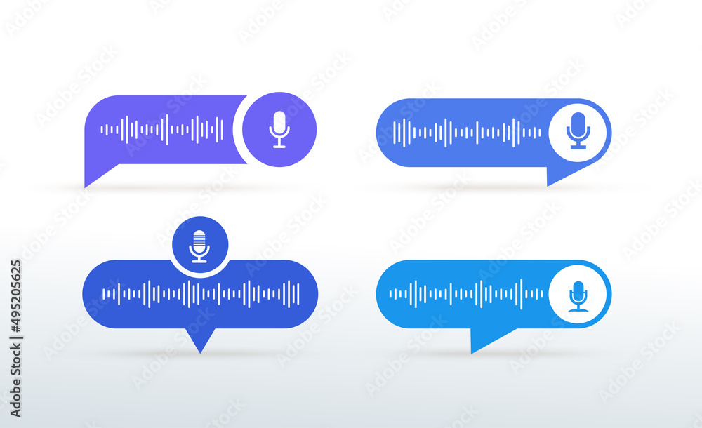 Set of voice messages bubble blue icon with sound wave and microphone. Voice messaging correspondence. Modern flat style isolated on white background. Vector illustration. Set of voice messages bubble blue icon with sound wave and microphone. Voice messaging correspondence. Modern flat style isolated on white background. Vector illustration.