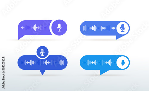 Set of voice messages bubble blue icon with sound wave and microphone. Voice messaging correspondence. Modern flat style isolated on white background. Vector illustration.