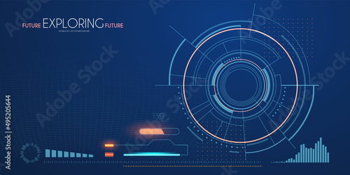 Sci fi user interface. Futuristic background with radar, techno screen elements and light effects.