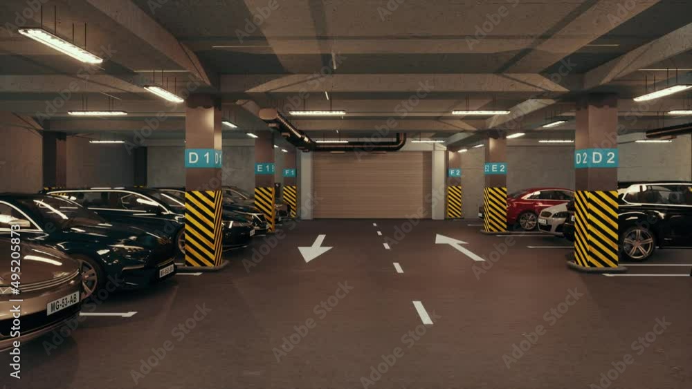 Underground parking with cars. Modern underground parking. Indoor full modern parking