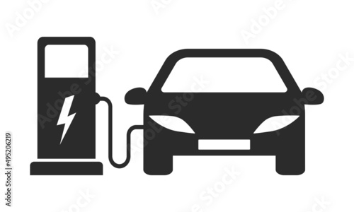 Electric car charging. Charging car at the charger station. Vector icon.