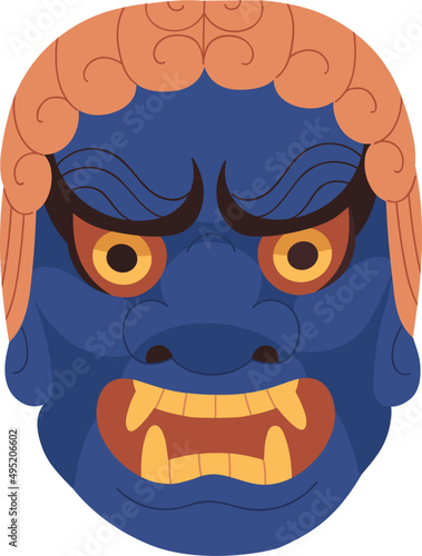 Scary Japanese Noh Mask Cartoon Colored Illustration