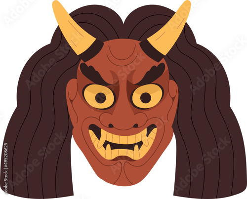 Scary Japanese Monster Noh Mask Cartoon Colored Illustration